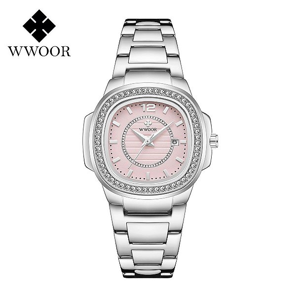 Relógio feminino prata rosa pequeno quadrado WWOOR 8874PR