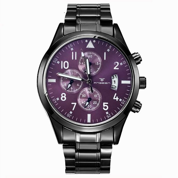 relógio masculino preto roxo social pulseira aço FNGEEN G6