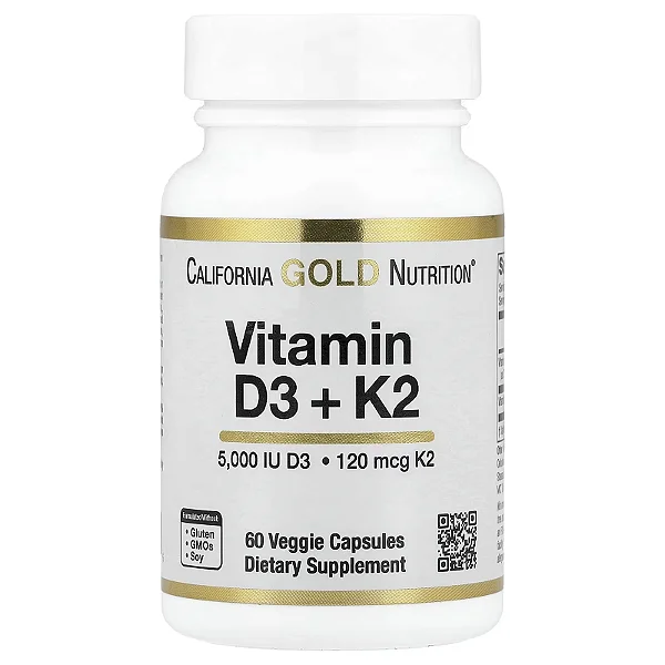 Vitamina D3 5,000UI + K2 mk7 120mcg, California Gold Nutrition, 60 Cápsulas Veganas