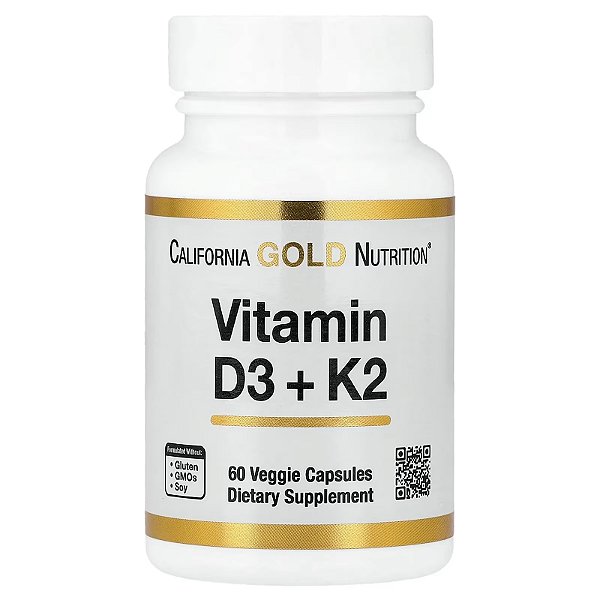 Vitamina D3 1,000UI + K2 mk7 40mcg, California Gold Nutrition, 60 Cápsulas Veganas