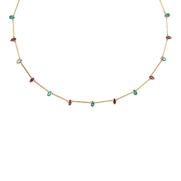 Colar Vitral em Ouro 18K com Granadas e Esmeraldas