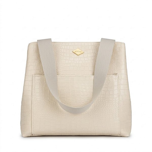 Bolsa Boca de Lobo M Off White Croco