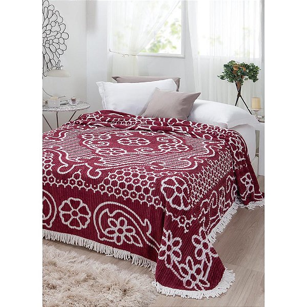Colcha Chenille Canelada Bruna 220x240cm Vinho/Branco Jolitex