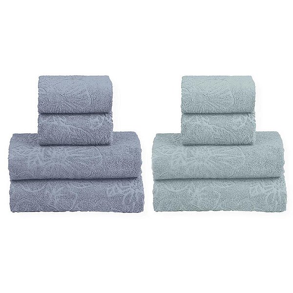 Kit 2 Jogos de Banho Jacquard Azul e Prata Realce Top Sultan