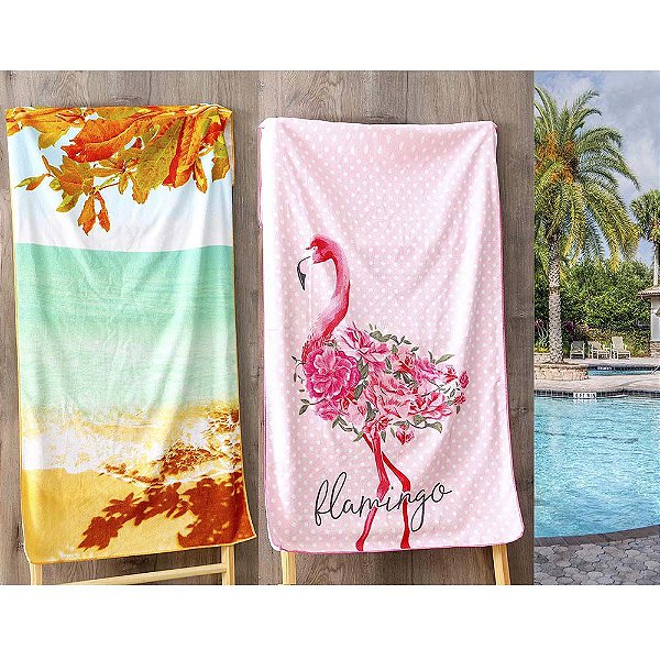Kit 2 Toalhas de Praia Aveludada 140cmx70cm Paradise e Flamingo Realce Premium Sultan