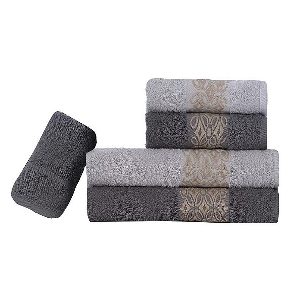 Jogo de Banho 5 Peças Bordado Gris/Prata Aslan Sonhare Prata