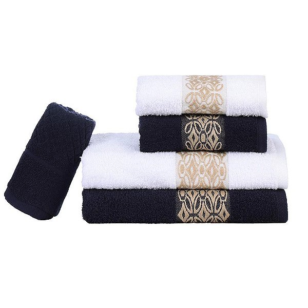 Jogo de Banho 5 Pçs Bordado Marinho/Bco Aslan Sonhare Prata