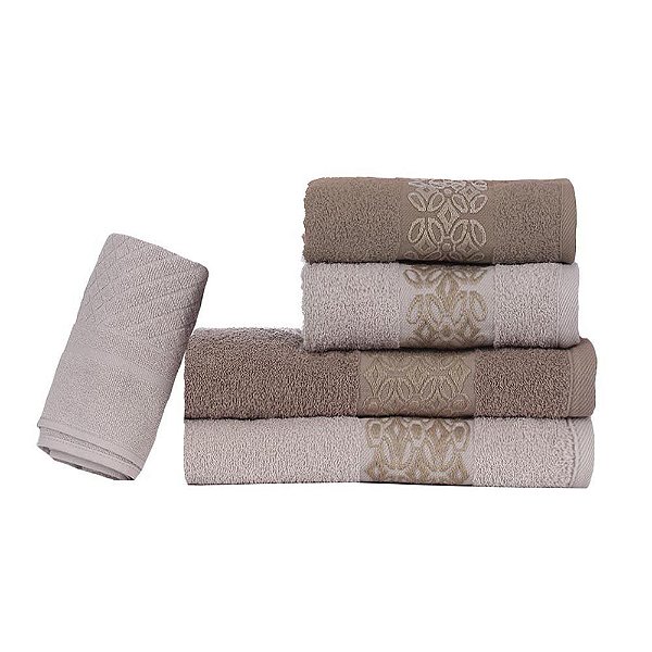 Jogo de Banho 5 pçs Bordado Caqui/Fendi Aslan Sonhare Prata