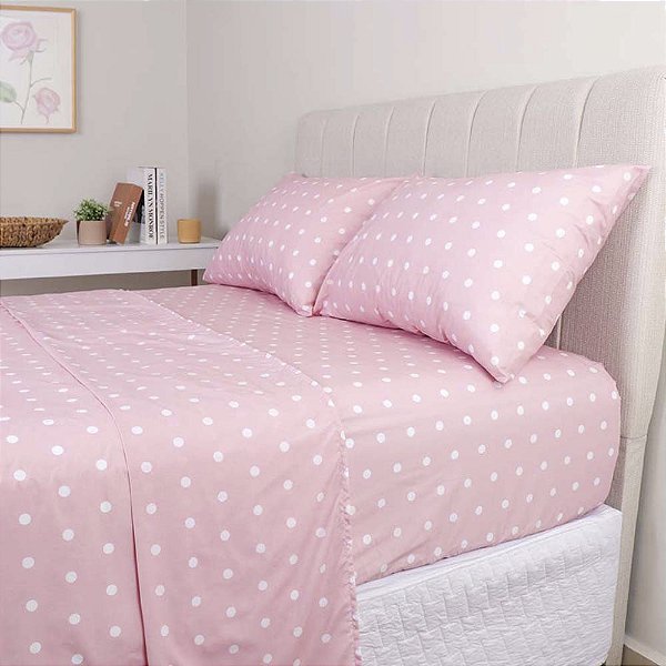 Jogo de Cama Duplo Queen 4 Peças Percal 180 Fios Poá Rosa Sonhare Prata Sultan