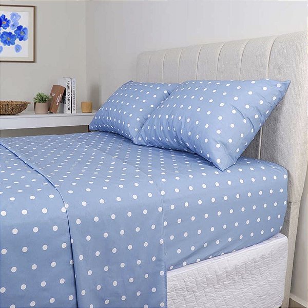 Jogo de Cama Duplo Queen 4 Peças Percal 180 Fios Poá Azul Sonhare Prata Sultan