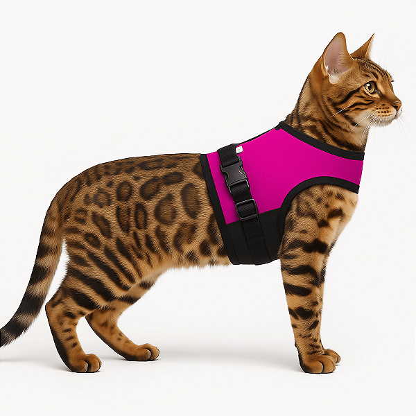 Coleira Peitoral para Gato Bengal, Savana e Gatos Domésticos – Ajustável e com Guia Rosa
