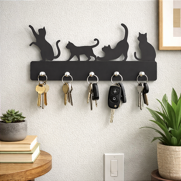 Porta Chaves Gatinhos MDF Preto 3mm Premium