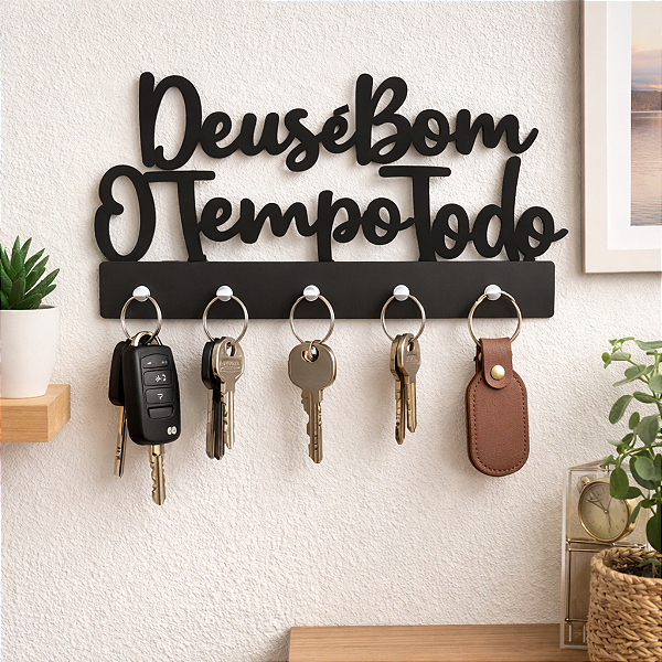 Porta Chaves Decorativo Deus é Bom o Tempo Todo MDF Preto 3mm