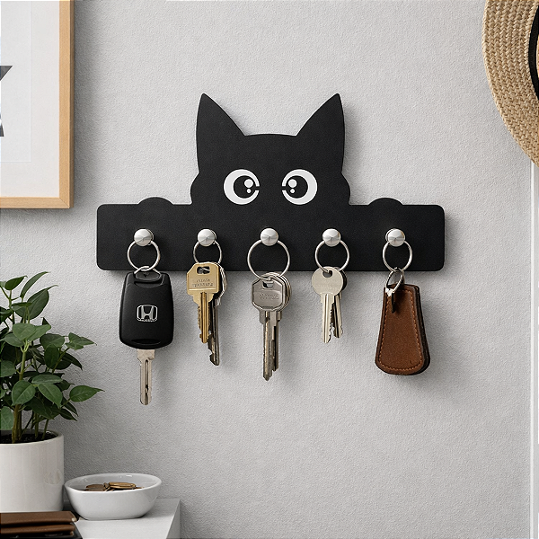 Porta Chaves Gato Preto MDF 3mm Decorativo para Parede