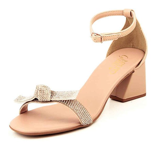 Sandália Salto Grosso Laço Strass Bendito Glam Napa Antique Nude