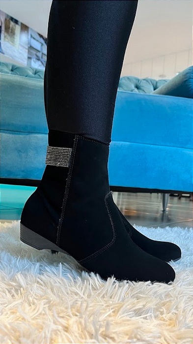 Bota Curta Rasteira Strass Nobuck Preto 266943A
