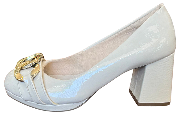 Sapato Salto Geométrico Corrente Glossy Off White
