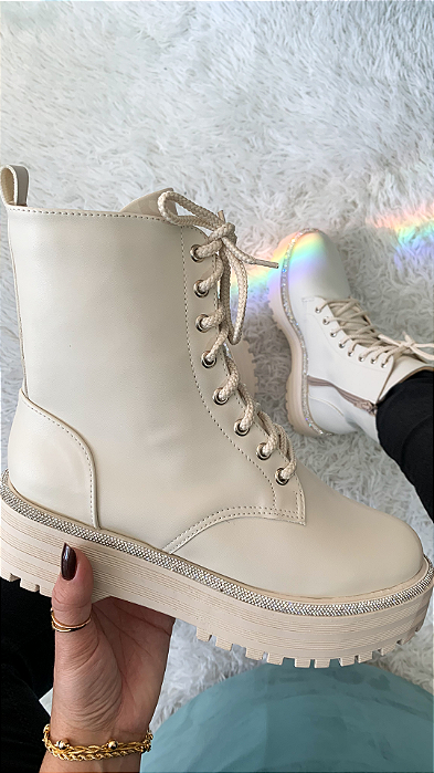 Bota Coturno Tratorada Strass Napa Off White 93002SO