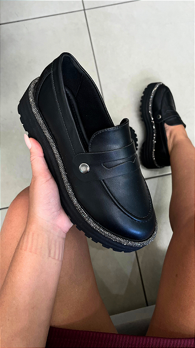 Mocassim Tratorado Strass Napa Preto 93007SP
