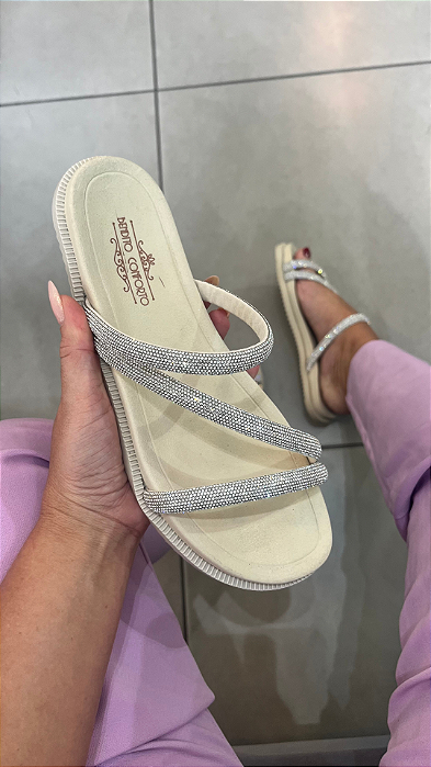 Papete Rasteira 3 tiras Strass Fly Tech Off White