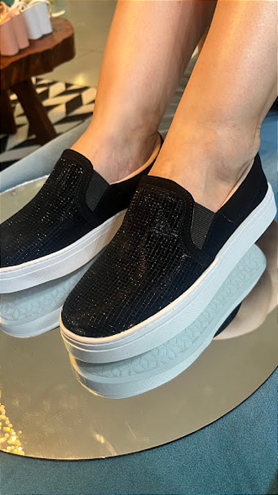 Tênis Slip On Brilho Nobuck Preto
