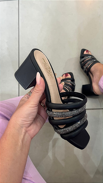 Tamanco Salto Bloco Tiras Strass Onix Napa Preto