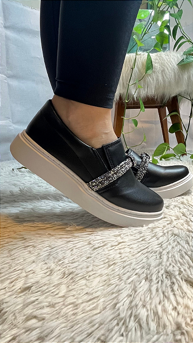 Tênis Slip On Laço Strass Napa Preto