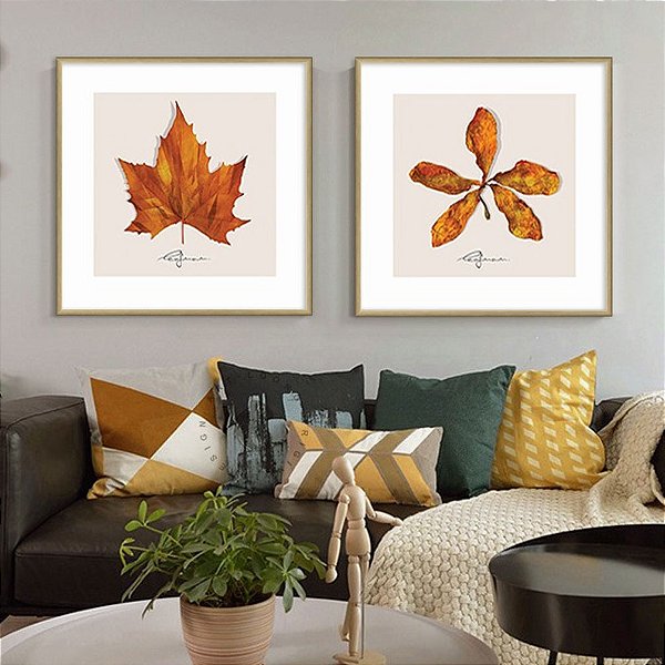 Conjunto de 2 Quadros Decorativos Folhas Laranjas de Primavera . Artista: All Leafman