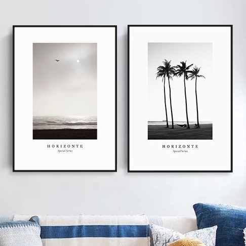 Conjunto de 2 Quadros Decorativos Horizonte Praia com Coqueiros.