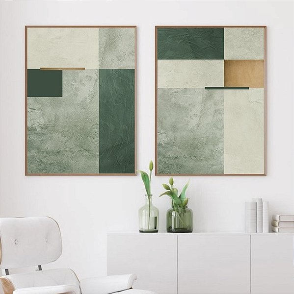 Conjunto de 2 Quadros Decorativos Geométricos Tons de Verde. Coleção Assinada: Mariane Michels.