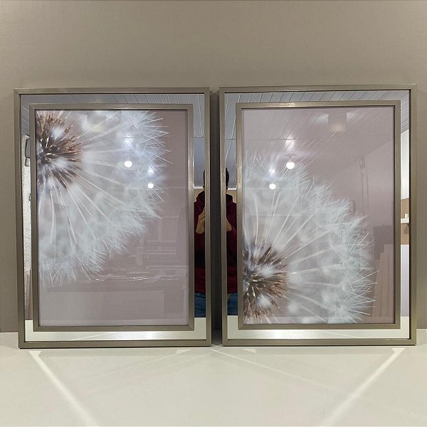 Conjunto de 2 quadros decorativos Dente de Leão delicado com detalhe em Espelho.