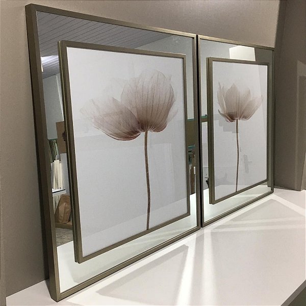 Conjunto de 2 quadros decorativos Floral Rosa com detalhe em Espelho.