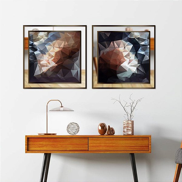 Conjunto de 2 quadros decorativos Geométricos Azul e Cobre com detalhe em Espelho.