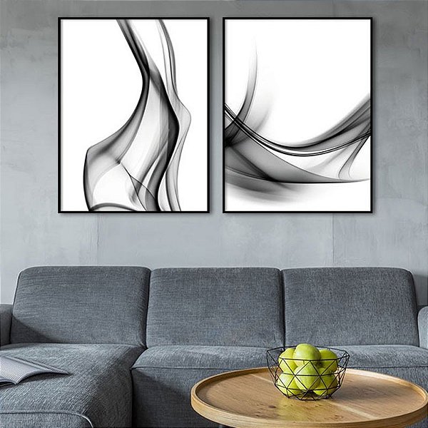 Conjunto de 2 Quadros Decorativos Abstrato Pintura Preto e Branco.