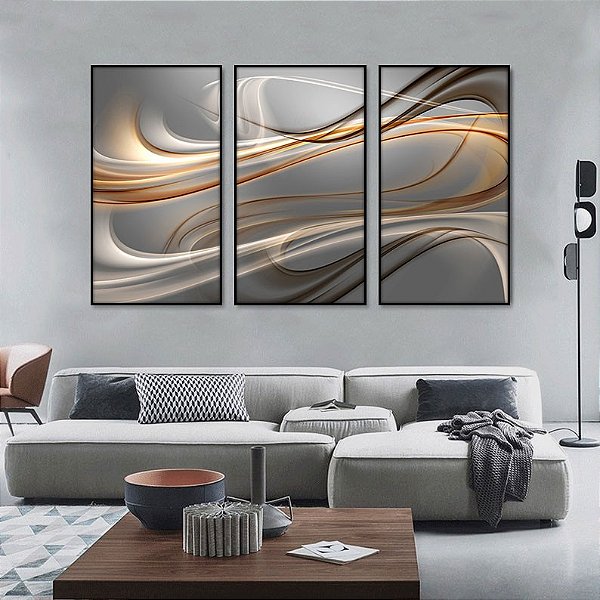 Conjunto de 3 quadros decorativos Abstrato cinza com linhas Cobre.