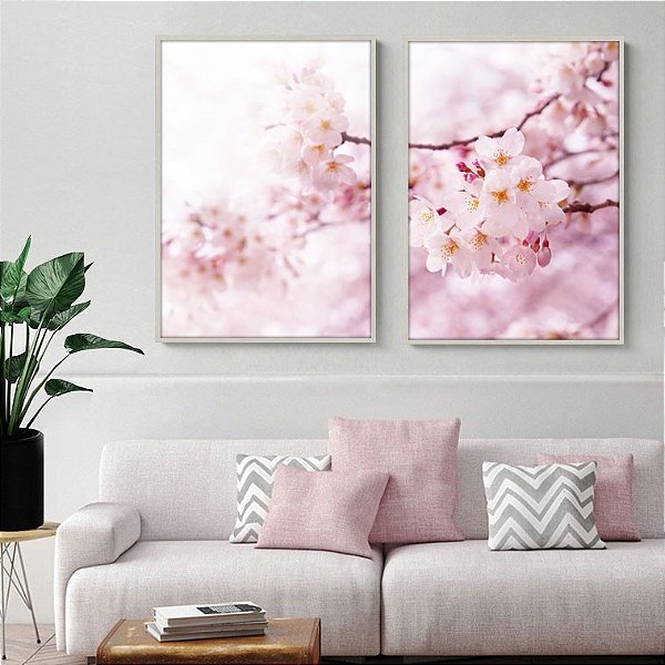 Conjunto de 2 quadros decorativos Flor de Cerejeira delicada.