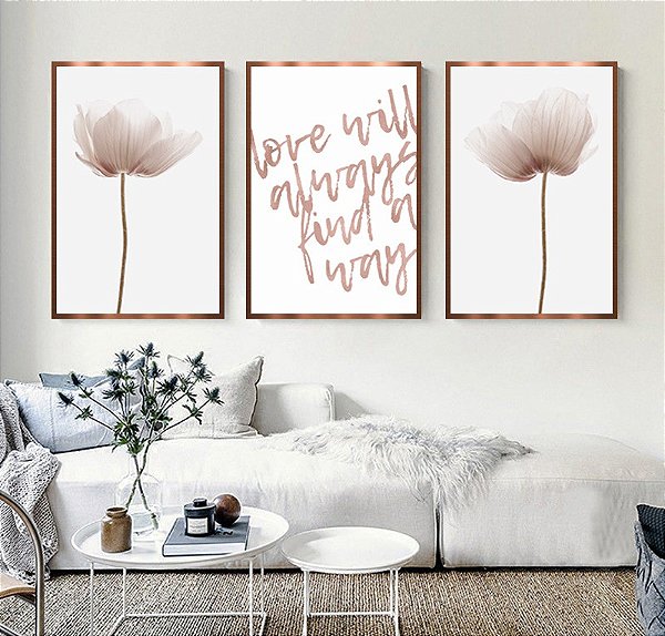 Conjunto de 3 quadros decorativos Flores Delicadas com frase sobre o Amor.