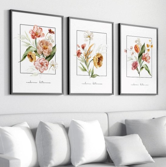 Conjunto de 3 quadros decorativos Moderna Botânica.