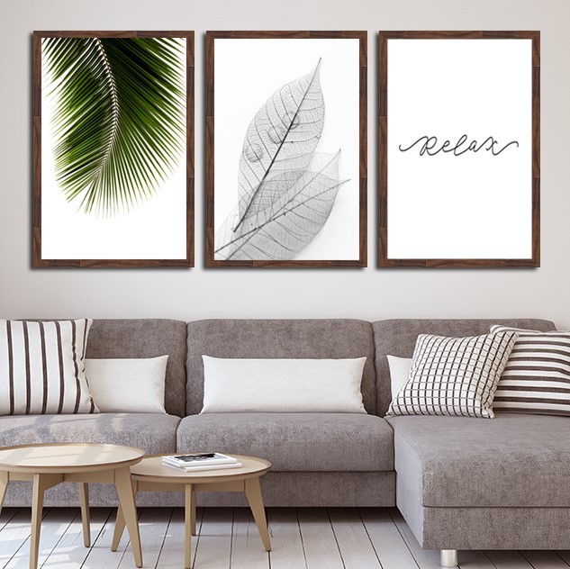 Conjunto de 3 quadros decorativos Relax. Artista: Claudia Dias