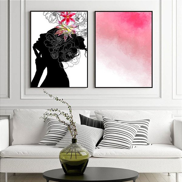 Conjunto com 2 Quadros Decorativos Silhueta Florida e Abstrato Rosa. Artista: Patrícia Costa