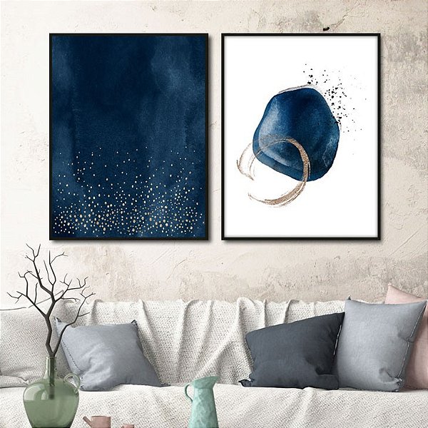 Conjunto com 2 quadros decorativos Abstratos Tons Azul Escuro Oceani. Artista: Jonathan Borba