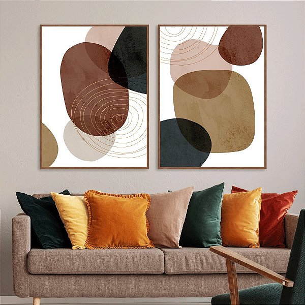 Conjunto com 2 quadros decorativos Abstrato Cores Terrosas e Linhas. Artista: Leandro Francisca