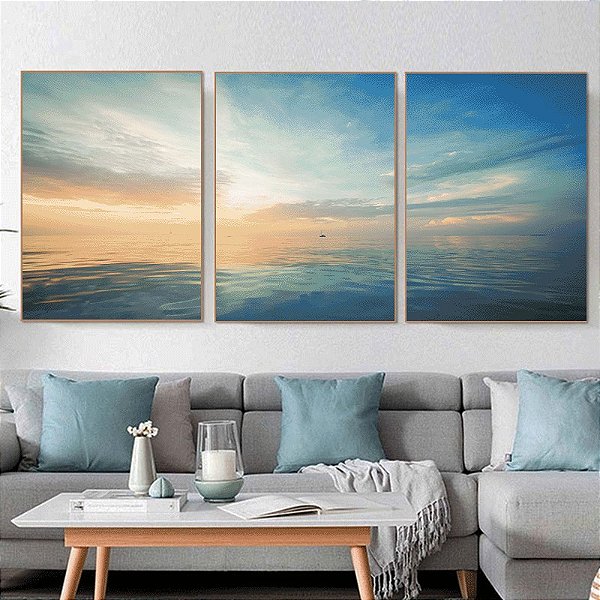 Conjunto com 3 quadros decorativos Fotografia de Mar e céu Azul.