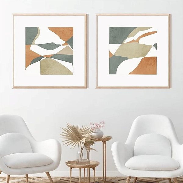 Conjunto com 2 quadros decorativos Abstratos Tons de Laranja e Cinza. Coleção Assinada: Mariane Michels