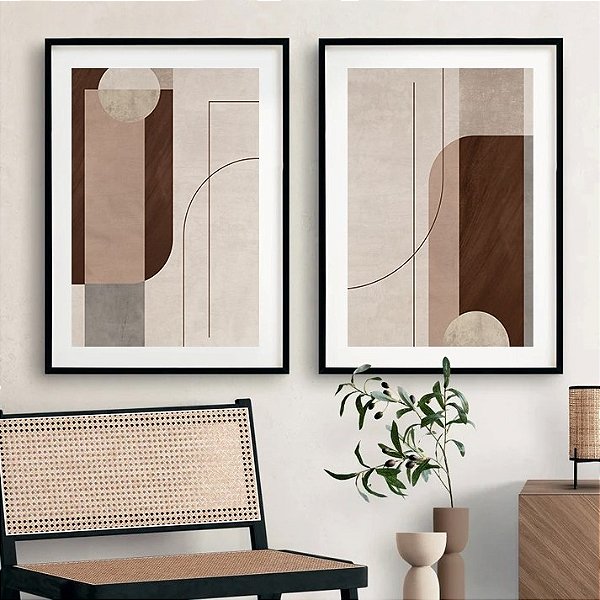 Conjunto com 2 quadros decorativos Geometria com Tons de Bordô e Bege. Coleção Assinada: Mariane Michels