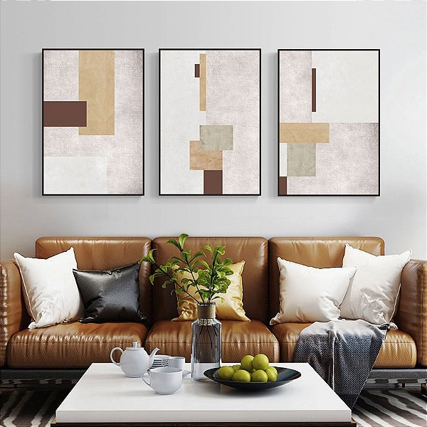 Conjunto com 3 quadros decorativos Geometrias de Tons da Areia. Coleção Assinada: Mariane Michels