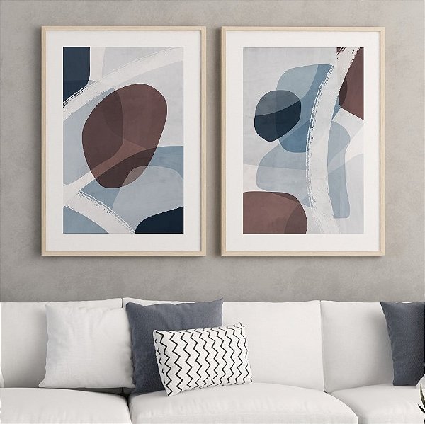 Conjunto com 2 quadros decorativos Formas Azul e Marrom Abstratas. Coleção Assinada: Mariane Michels