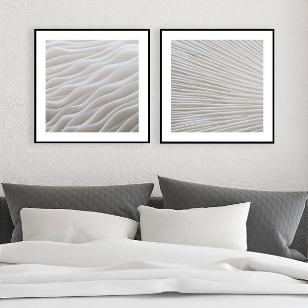 Conjunto com 2 quadros decorativos Abstrato de Ondas em Branco. Coleção Assinada: Paola Cury