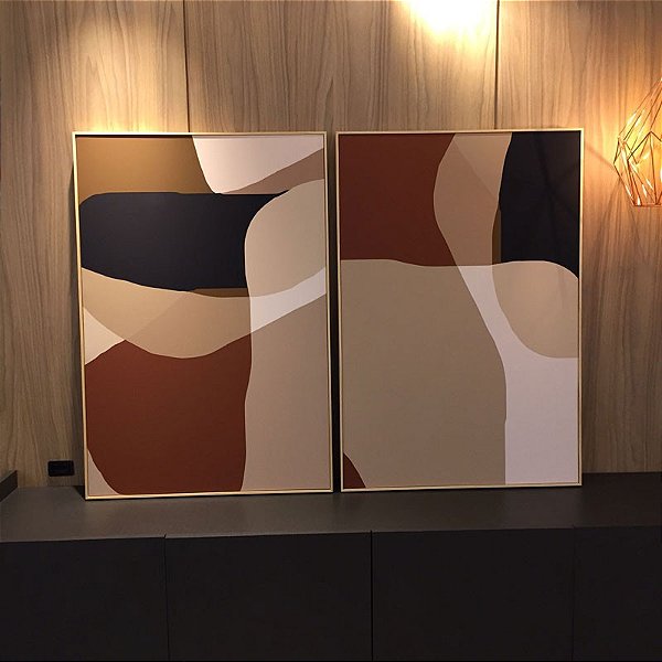 Conjunto com 2 quadros decorativos Abstratos Tons Terrosos. Medida 65x95cm cada, com moldura filete madeira natural.
