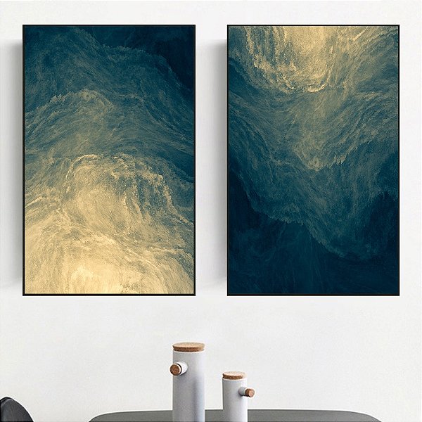 Conjunto com 2 quadros decorativos Mar abstrato Azul e Dourado.
